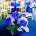 Blue and white floral arrangement centerpiece.