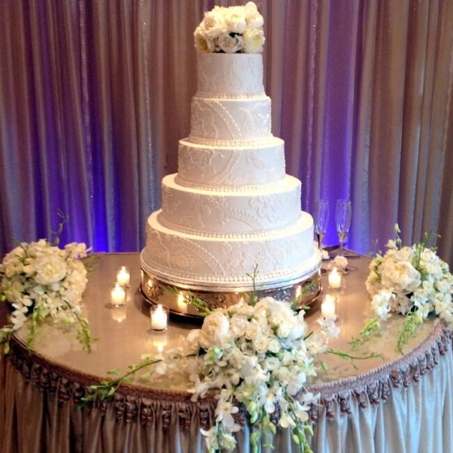 Elegant wedding cake topped with fresh floral accents for a romantic touch.
