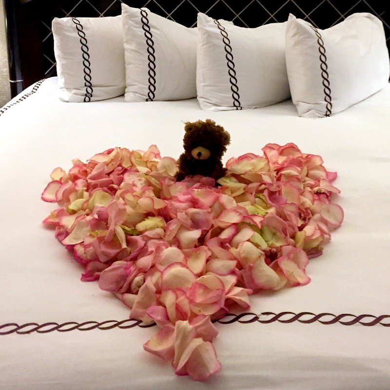 Heart-shaped floral arrangement on a bed with a cuddly teddy bear, perfect for a romantic surprise