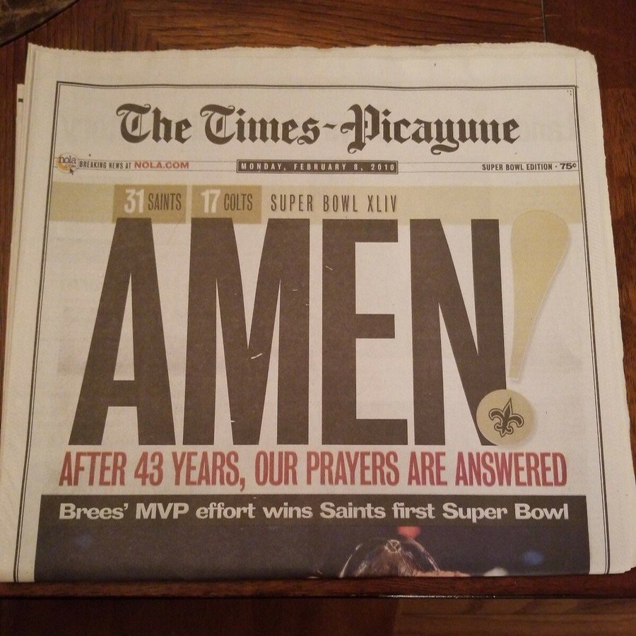 Times Picayune article cover of the New Orleans Saints Super Bowl win.